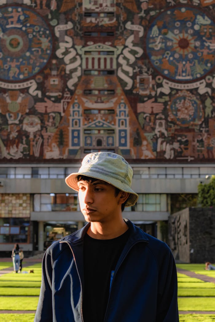 Portrait of a young man at National Autonomous University, Mexico City, in front of a colorful mural.
